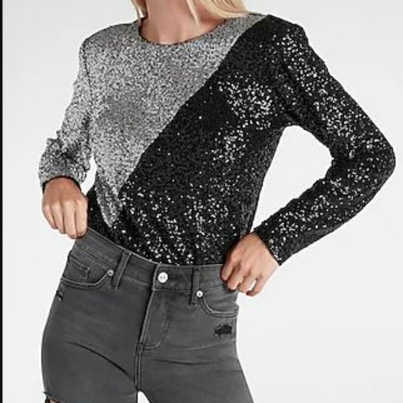 NWT Express Clothing Sequined Colorblock thong bodysuit - size L - Picture 1 of 3